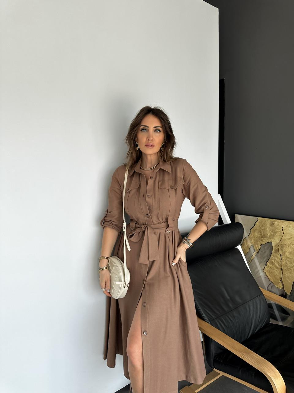 Kahve Kuşaklı Düğmeli Safari Elbise