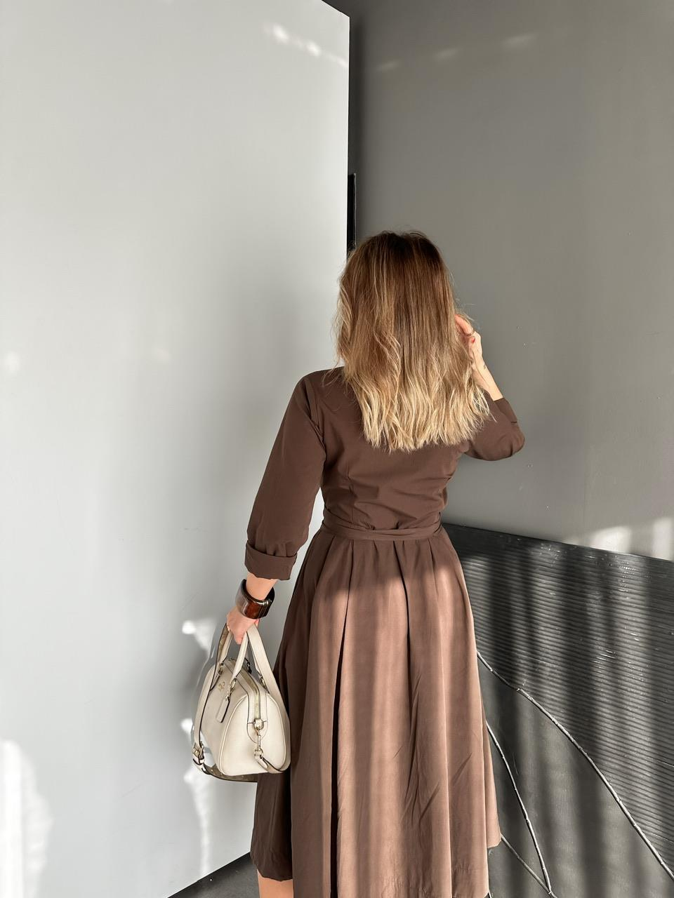 Kahve Kuşaklı Gömlek Elbise