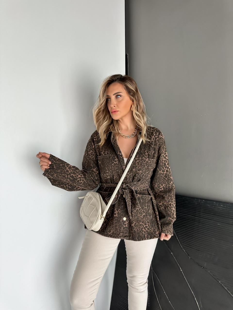 Kahve Kuşaklı Leopar Kot Ceket