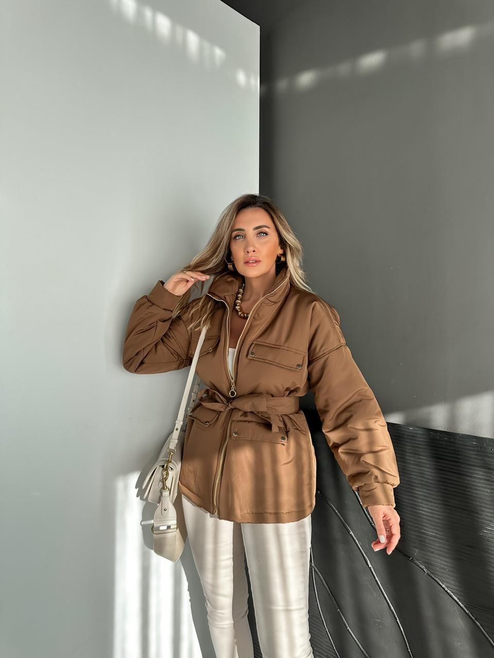 Kahve Kuşaklı Şişme Mont