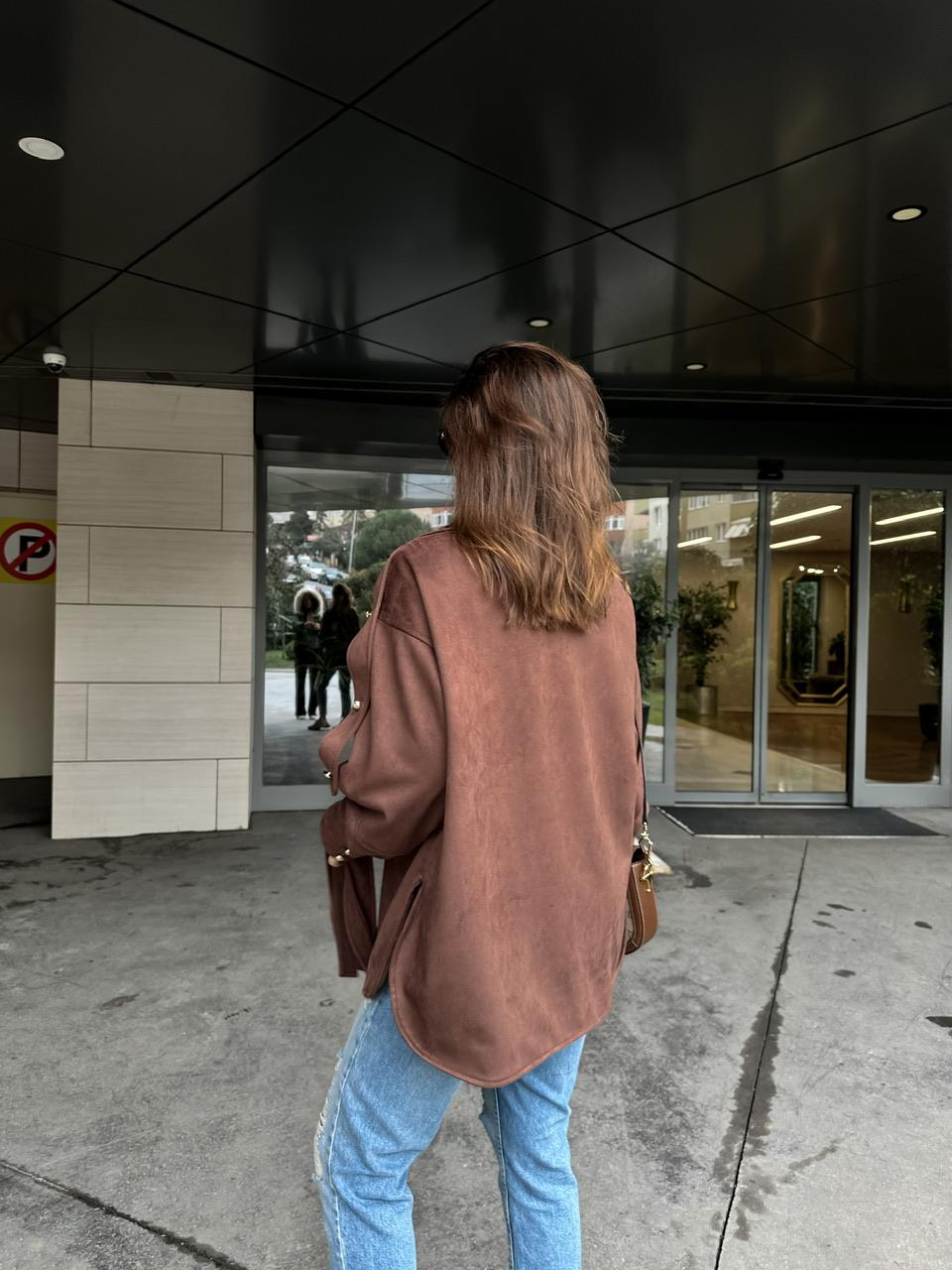 Kahve Kuşaklı Tasarım Süet Ceket