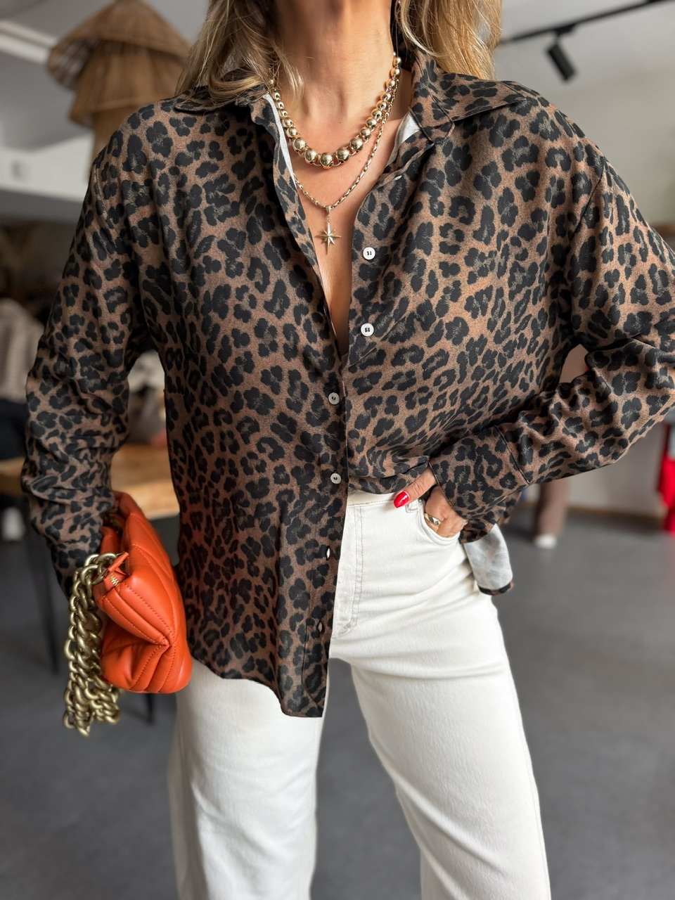 Kahve Leopar Desenli Cotton Gömlek