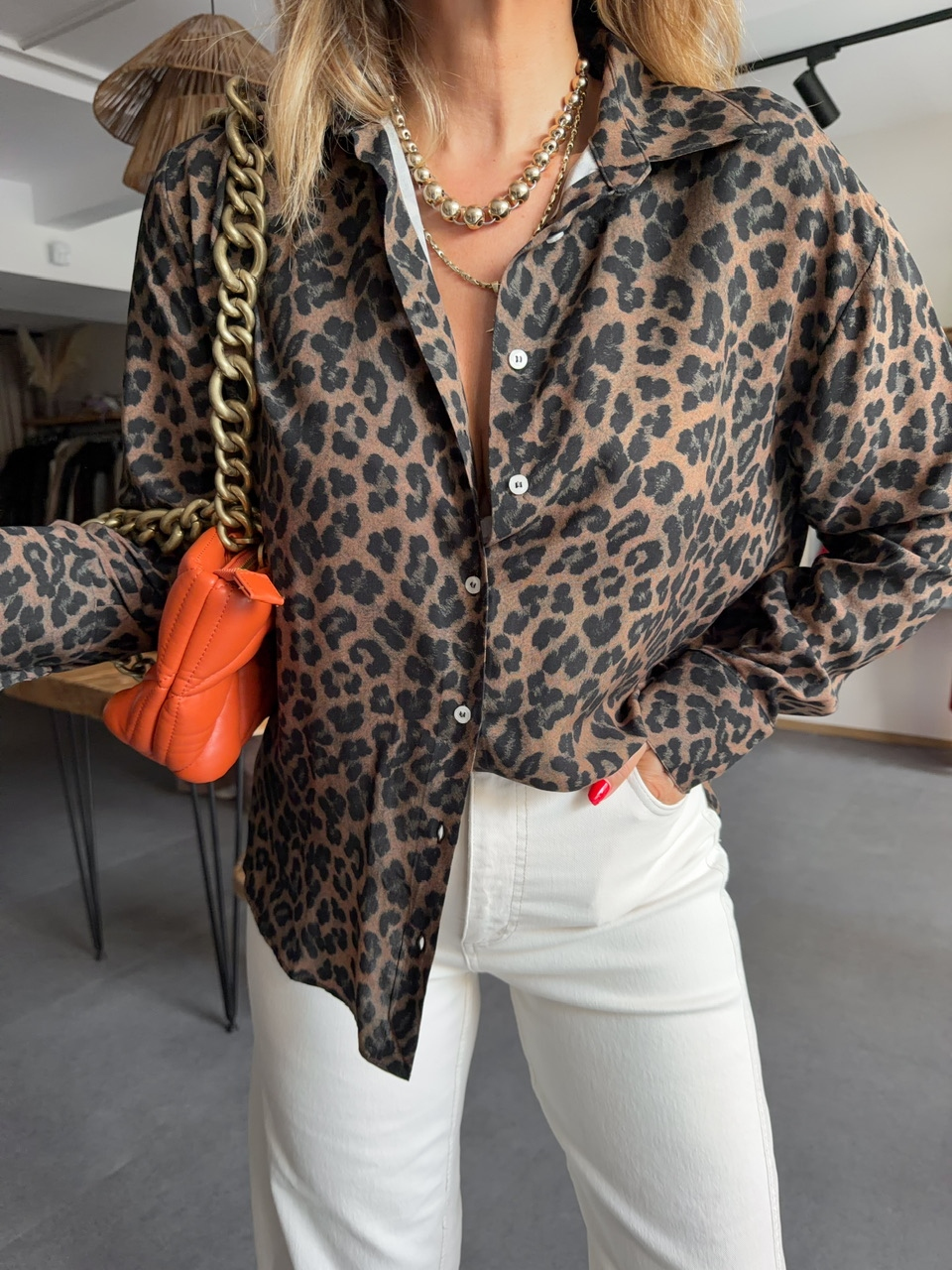 Kahve Leopar Desenli Cotton Gömlek