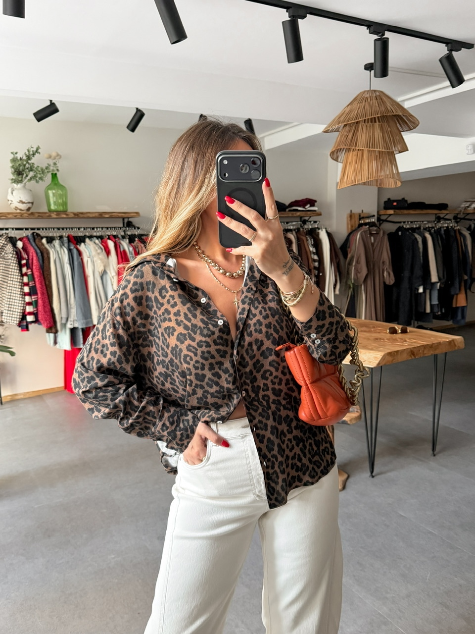 Kahve Leopar Desenli Cotton Gömlek