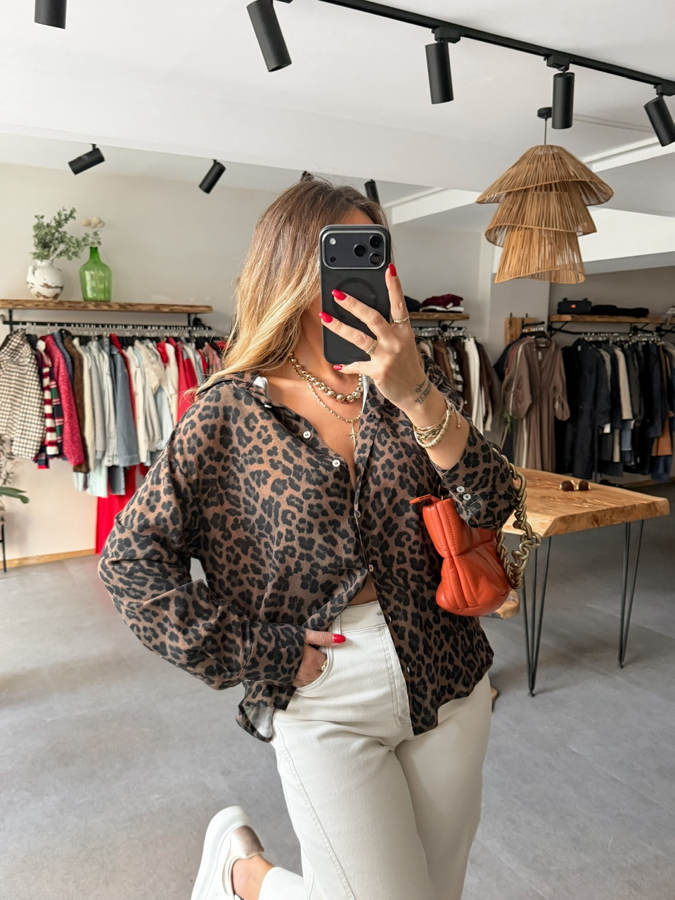 Kahve Leopar Desenli Cotton Gömlek