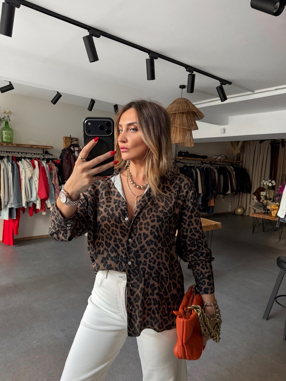 Kahve Leopar Desenli Cotton Gömlek