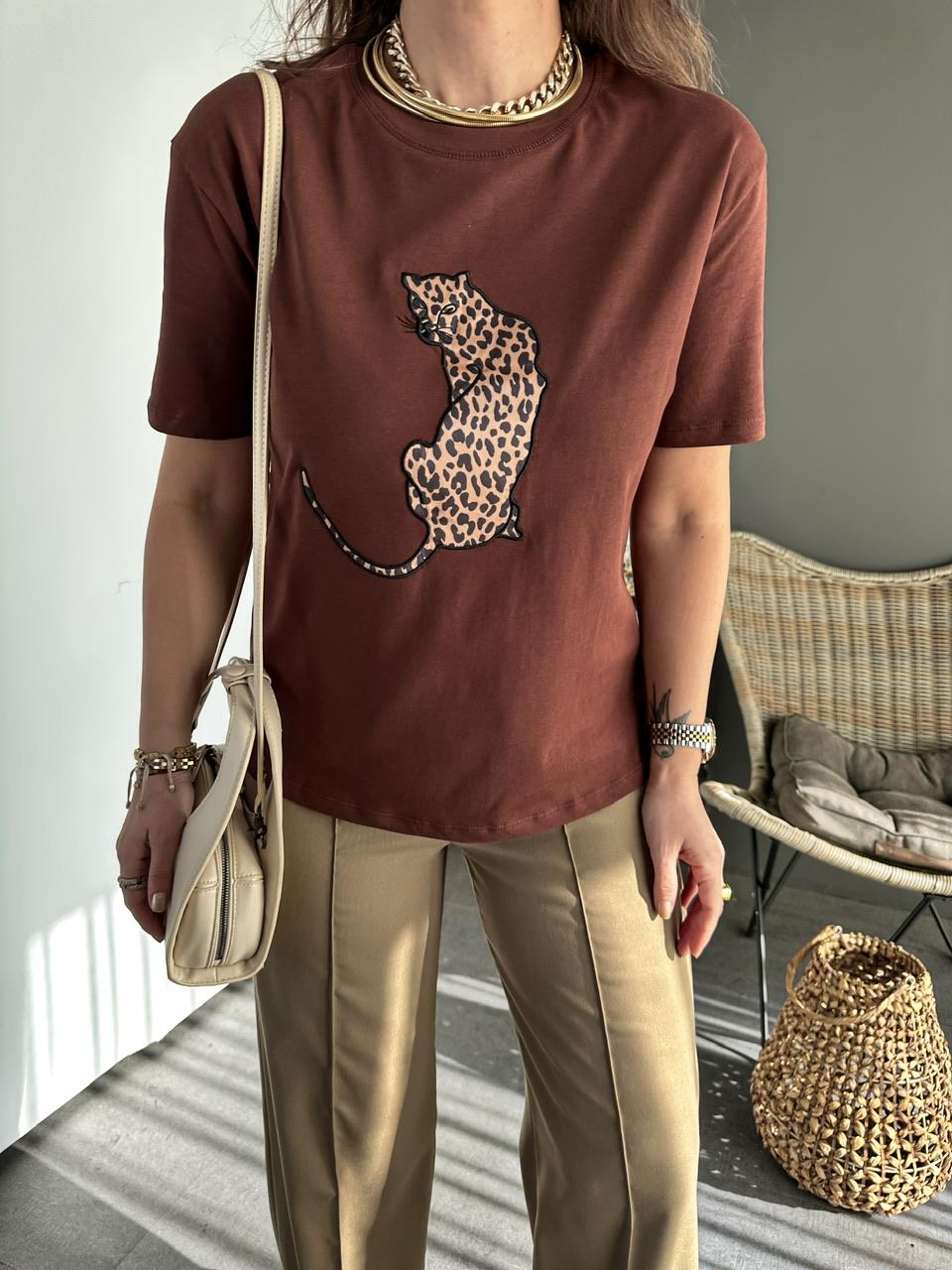 Kahve  Leopar Figürlü Cotton Tshirt