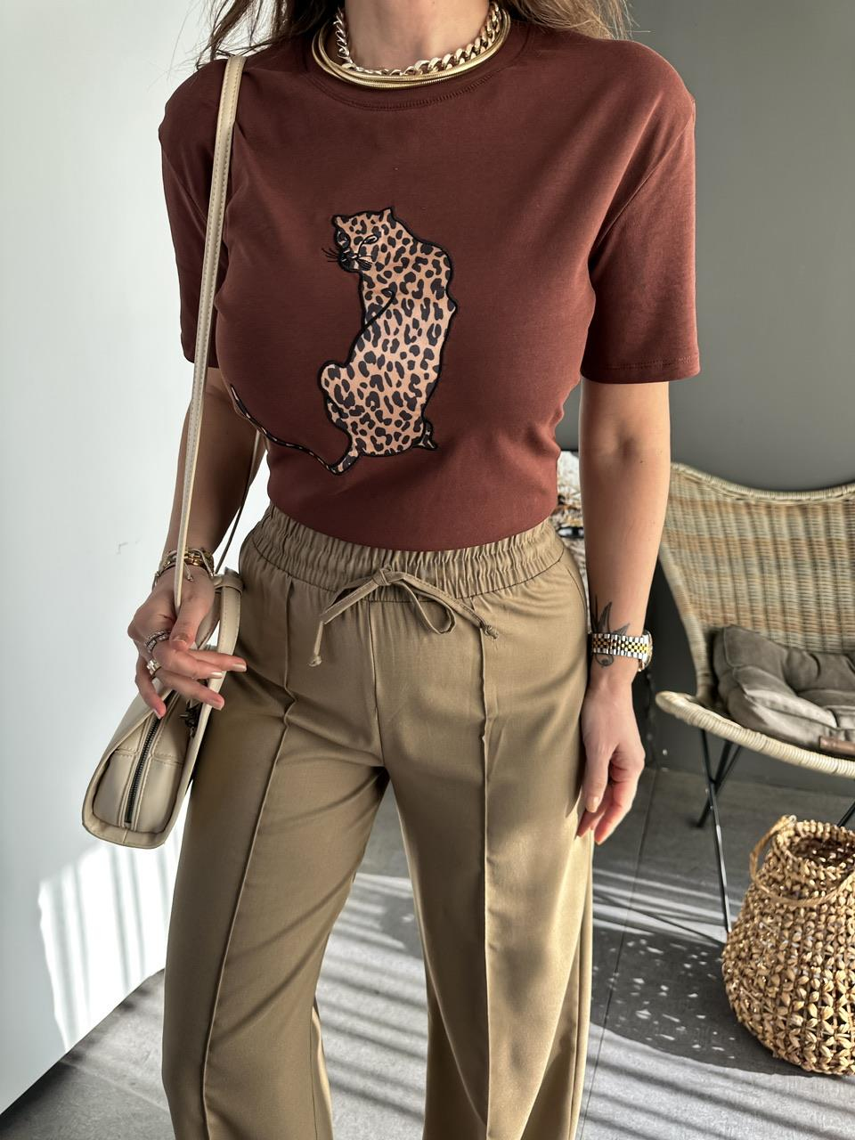 Kahve  Leopar Figürlü Cotton Tshirt