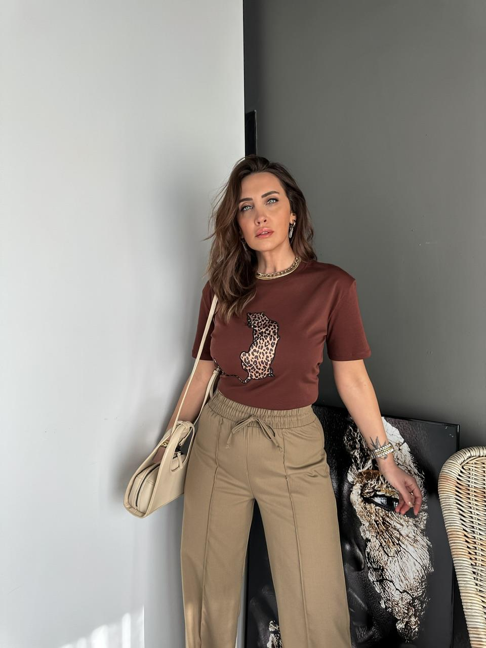 Kahve  Leopar Figürlü Cotton Tshirt