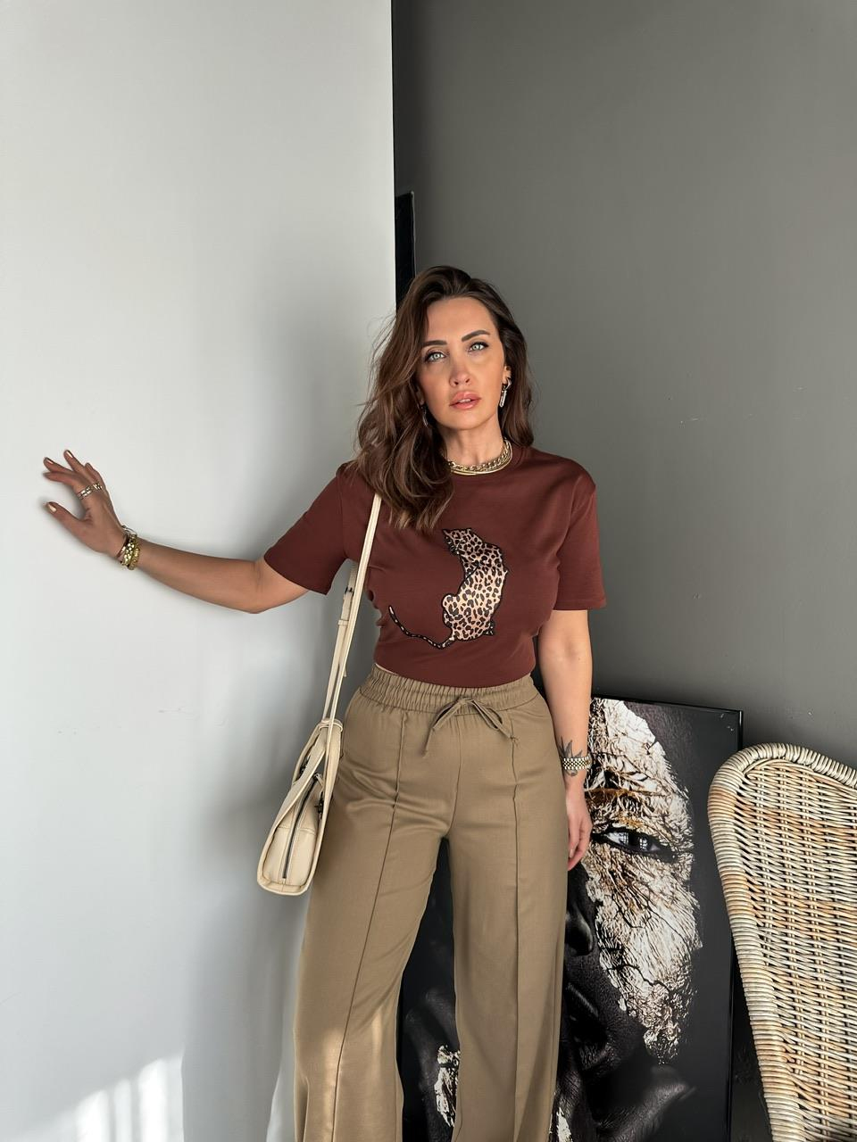 Kahve  Leopar Figürlü Cotton Tshirt