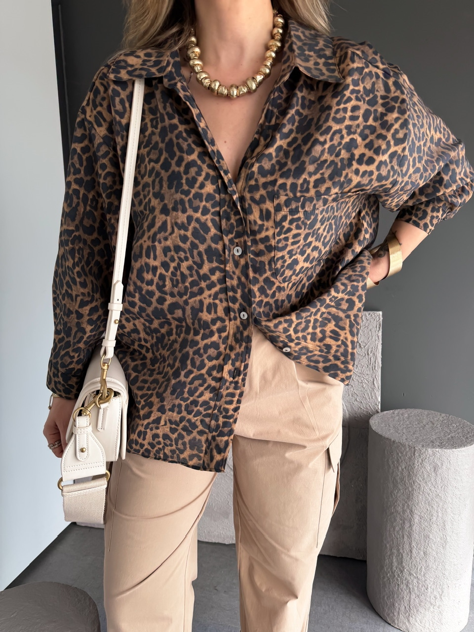 Kahve Leopar Oversize Gömlek