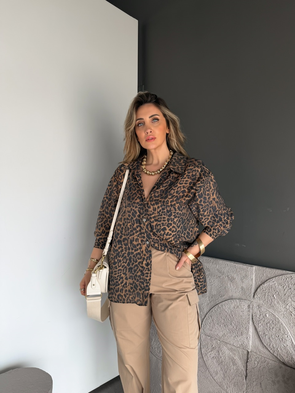 Kahve Leopar Oversize Gömlek