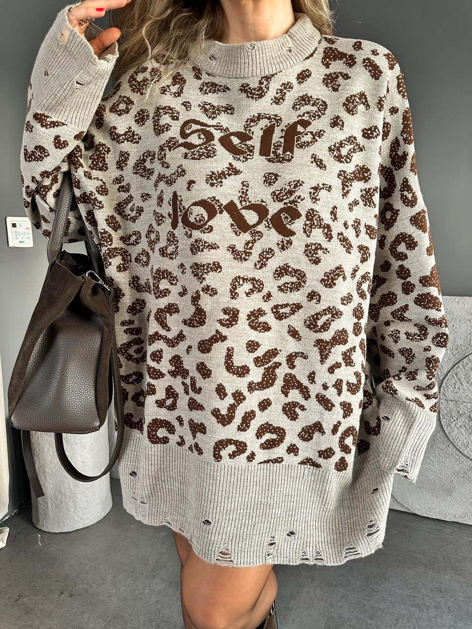Kahve Leopar Self Love Tunik Kazak