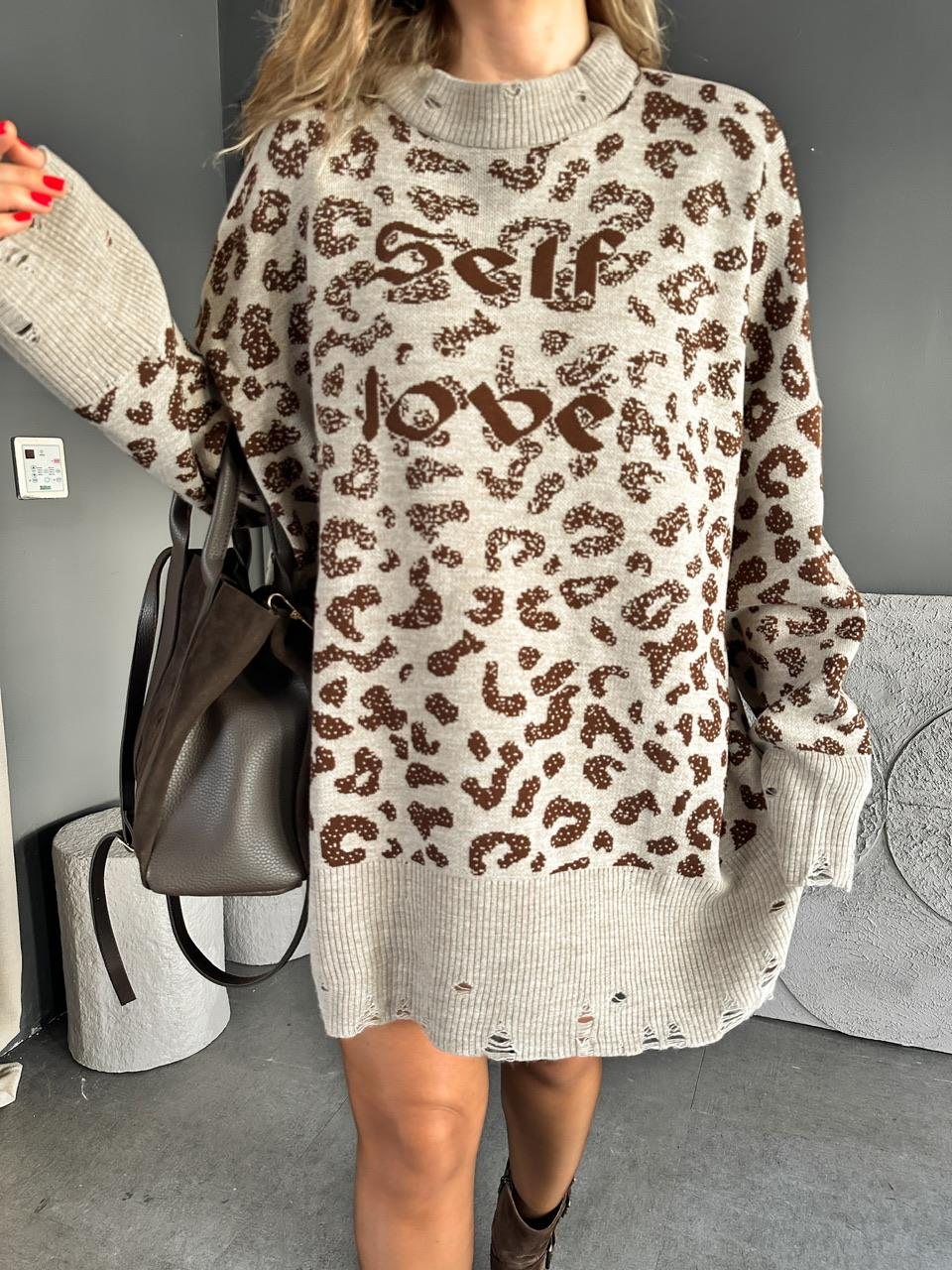 Kahve Leopar Self Love Tunik Kazak