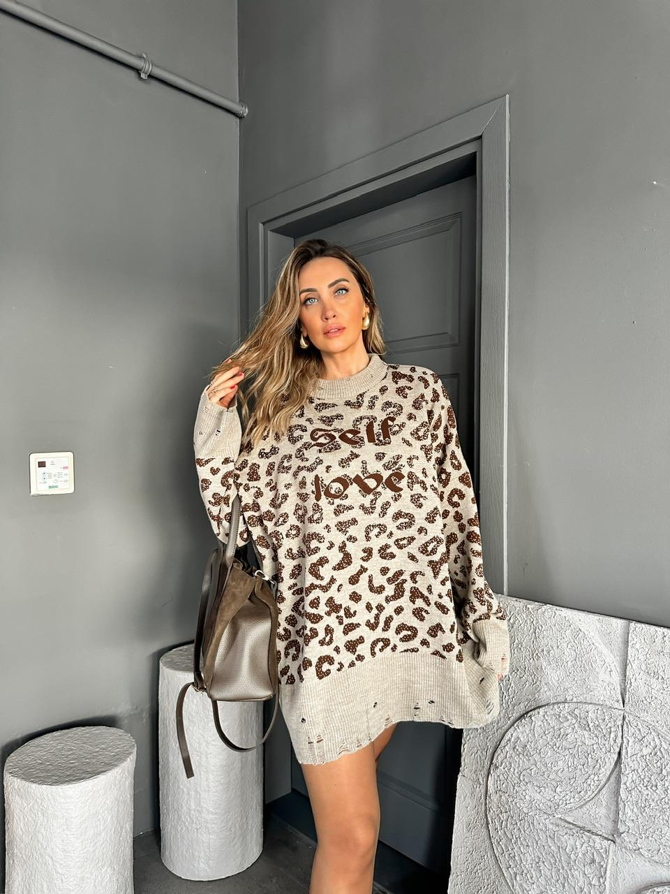 Kahve Leopar Self Love Tunik Kazak