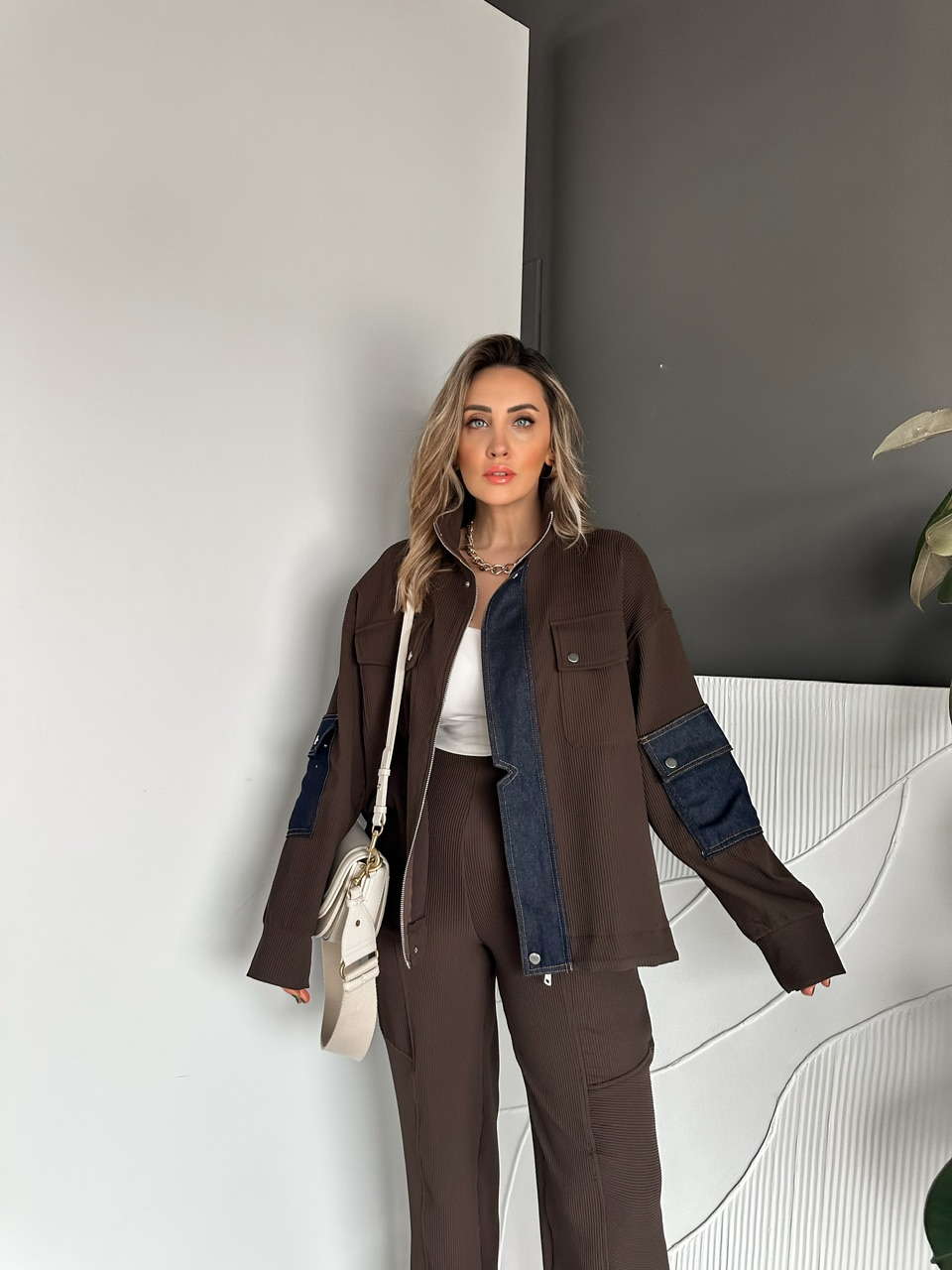 Kahve Likralı Fitilli Kot Parçalı Takım