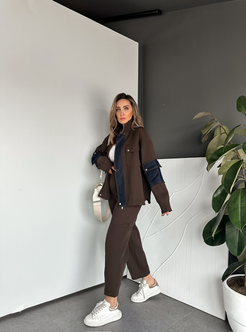 Kahve Likralı Fitilli Kot Parçalı Takım