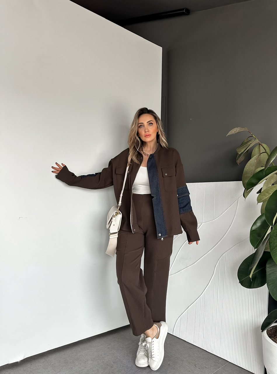 Kahve Likralı Fitilli Kot Parçalı Takım