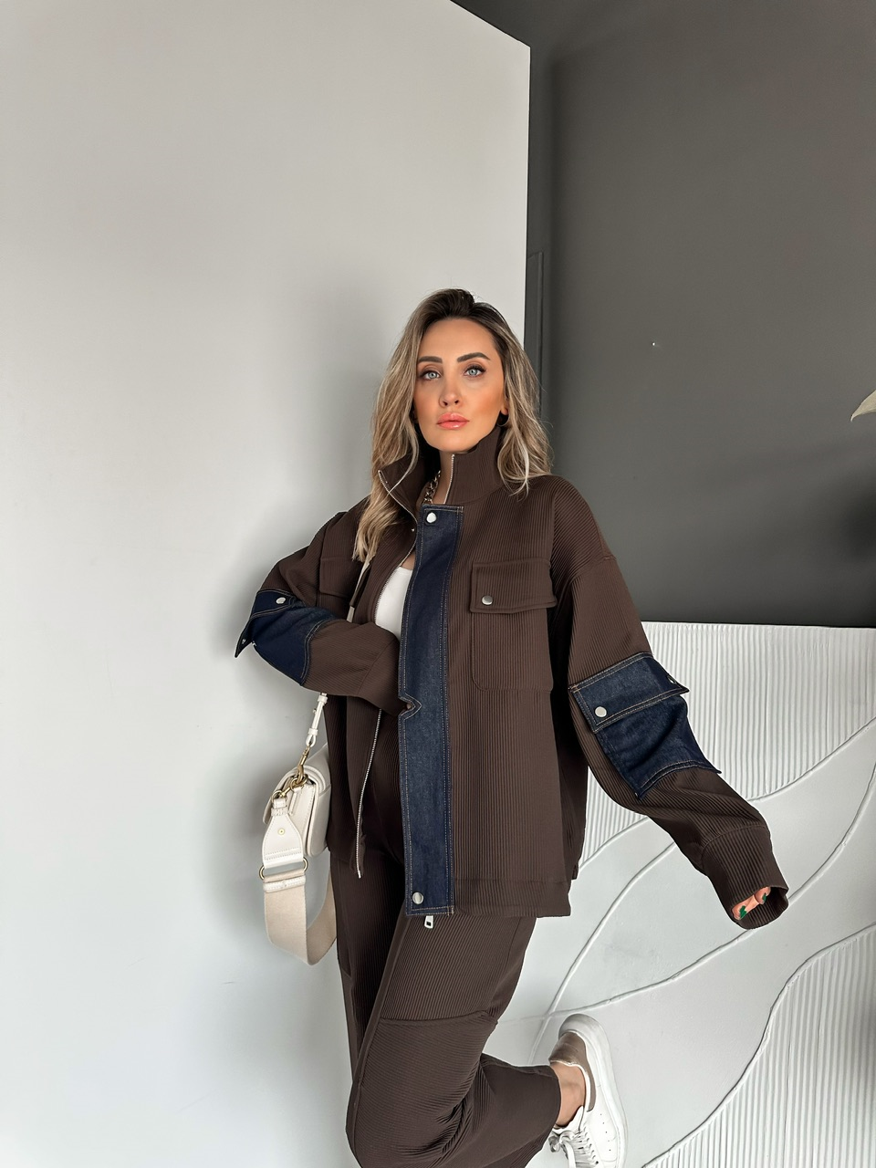 Kahve Likralı Fitilli Kot Parçalı Takım