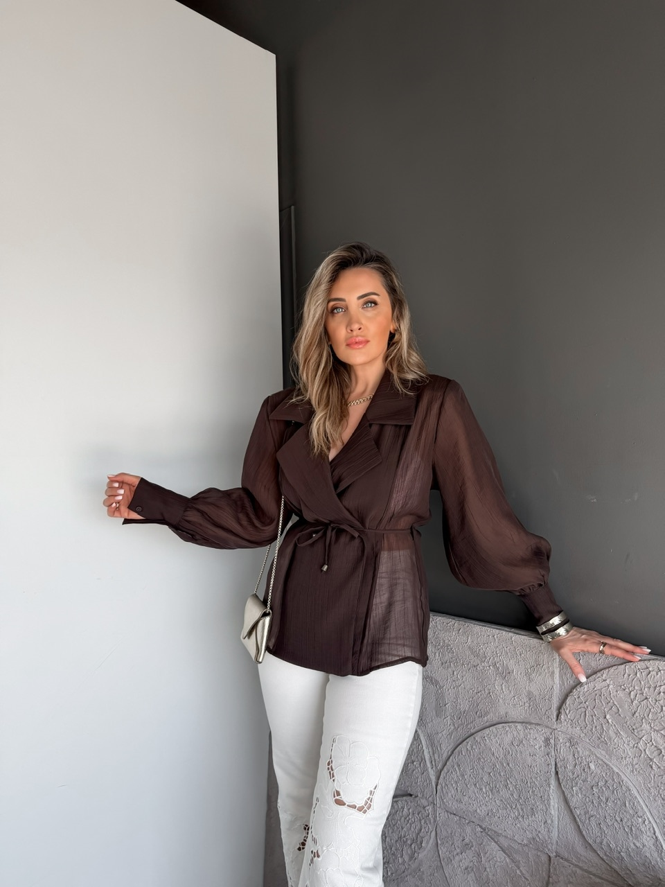 Kahve Manşet Kollu Tül Ceket