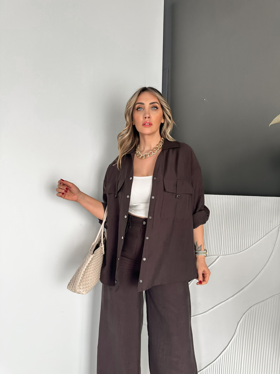 Kahve Manşetli Çıtçıt Cepli Takım