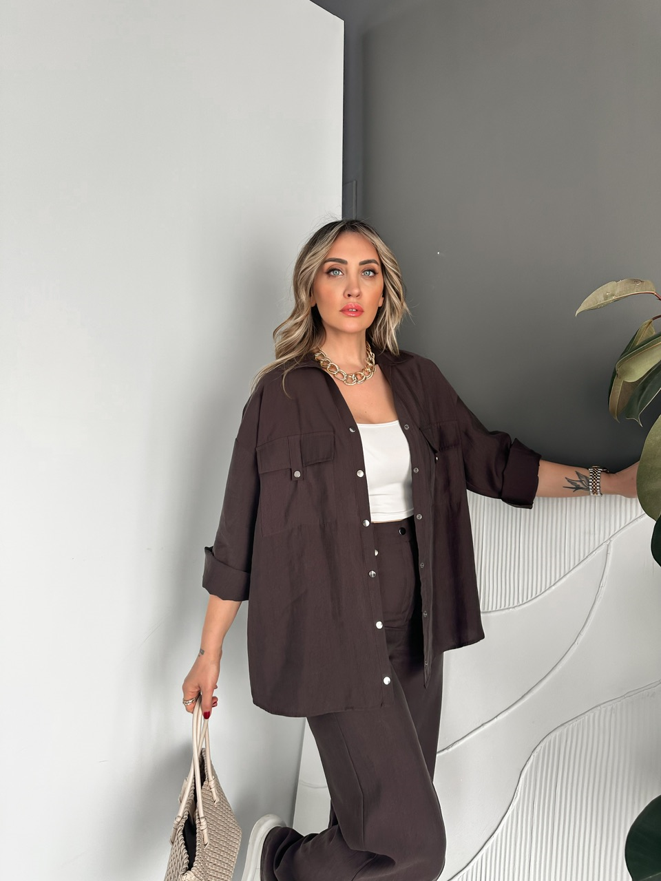Kahve Manşetli Çıtçıt Cepli Takım