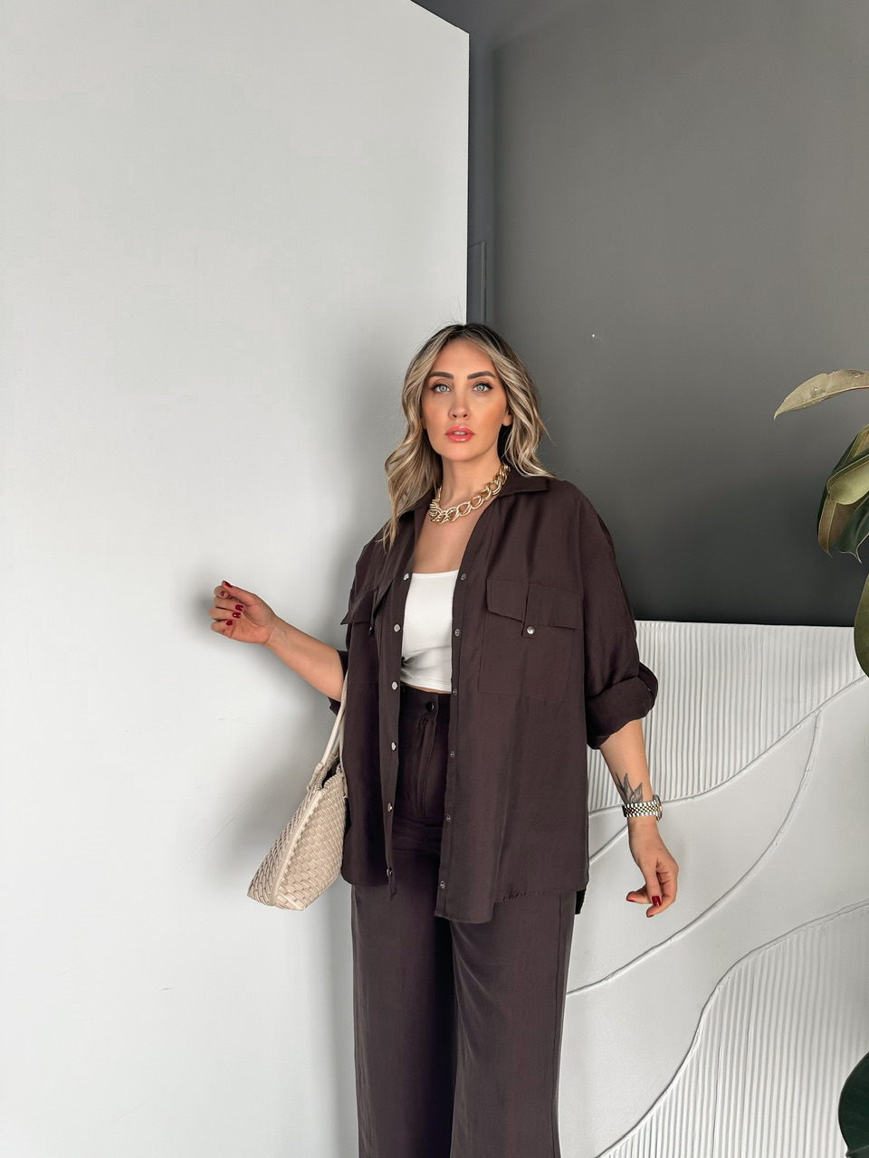 Kahve Manşetli Çıtçıt Cepli Takım