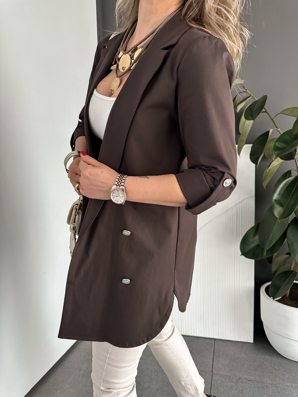 Kahve Manşetli Cotton Blazer Ceket