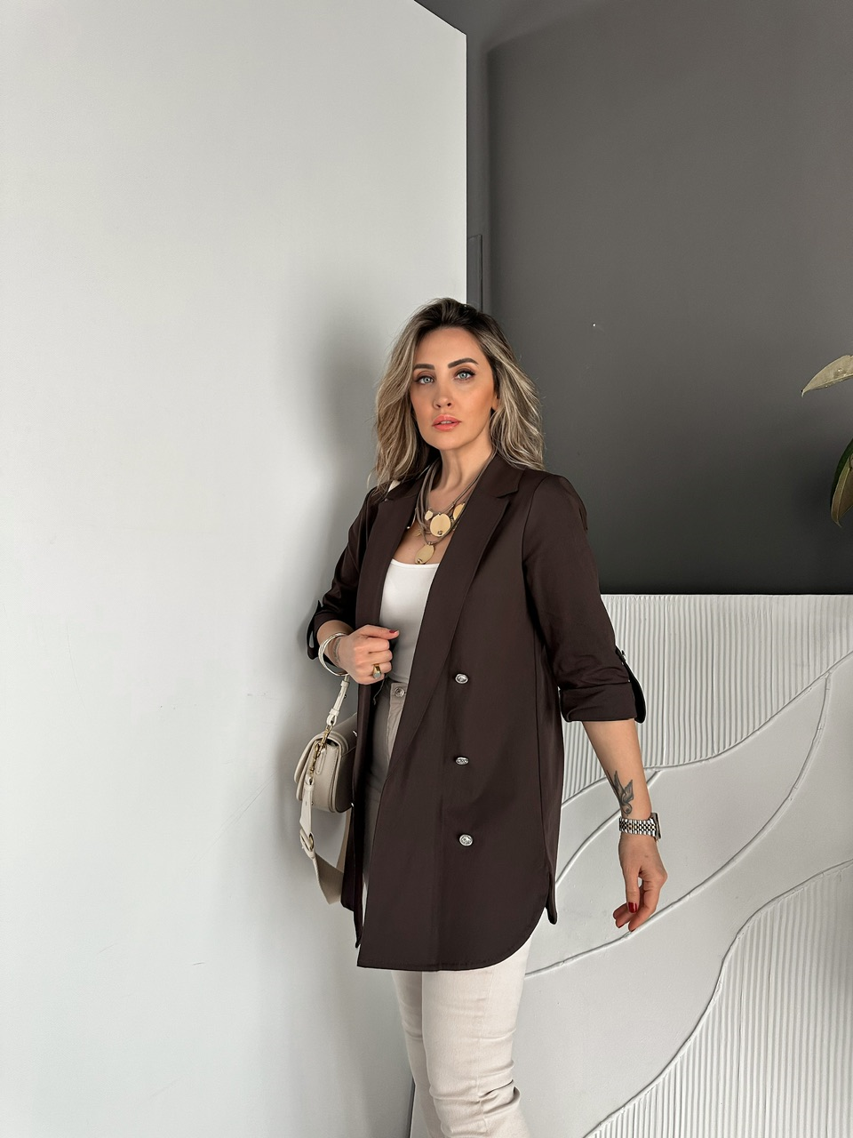 Kahve Manşetli Cotton Blazer Ceket