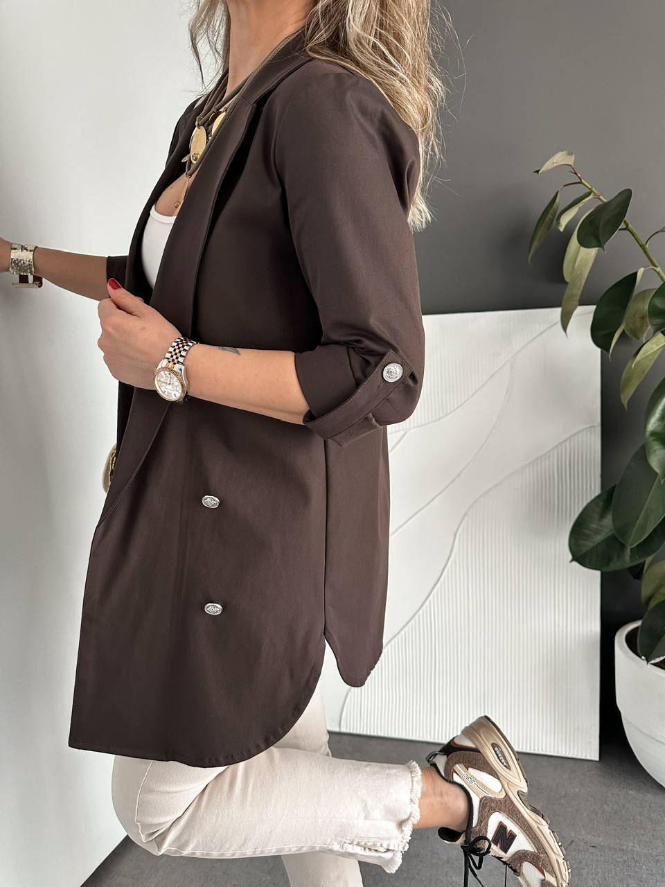 Kahve Manşetli Cotton Blazer Ceket