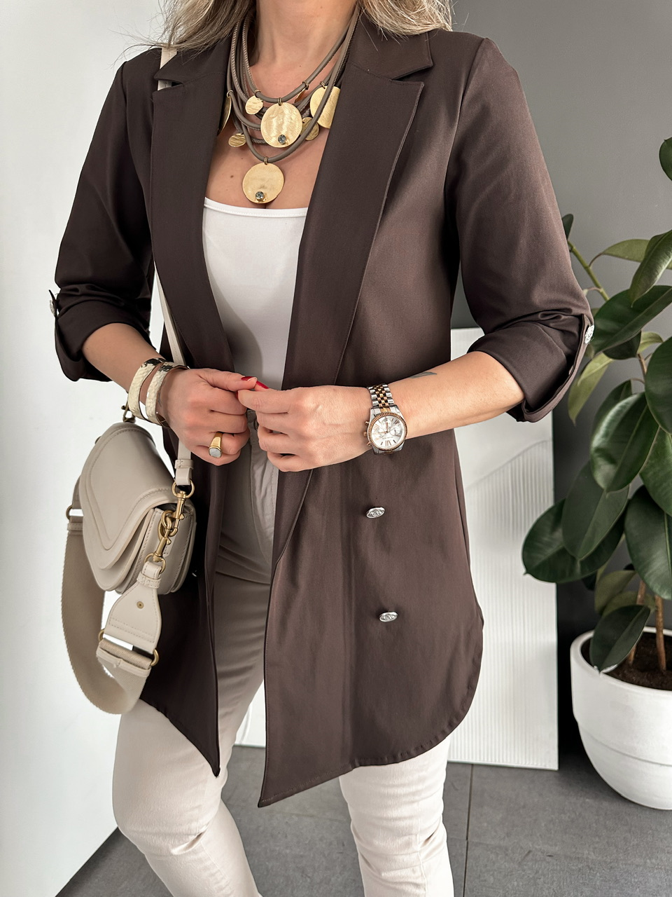 Kahve Manşetli Cotton Blazer Ceket