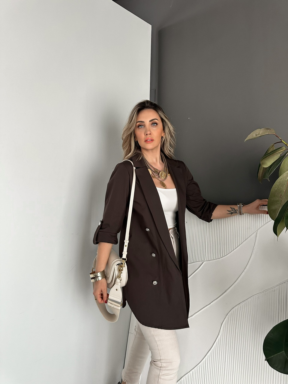 Kahve Manşetli Cotton Blazer Ceket