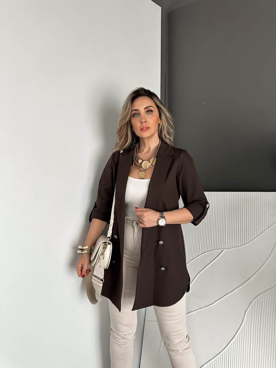Kahve Manşetli Cotton Blazer Ceket