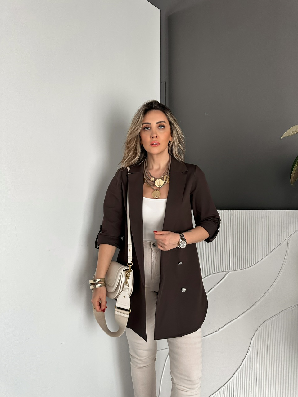 Kahve Manşetli Cotton Blazer Ceket