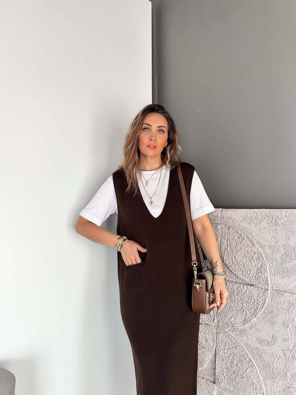 Kahve Marka Model Cepli Triko Elbise