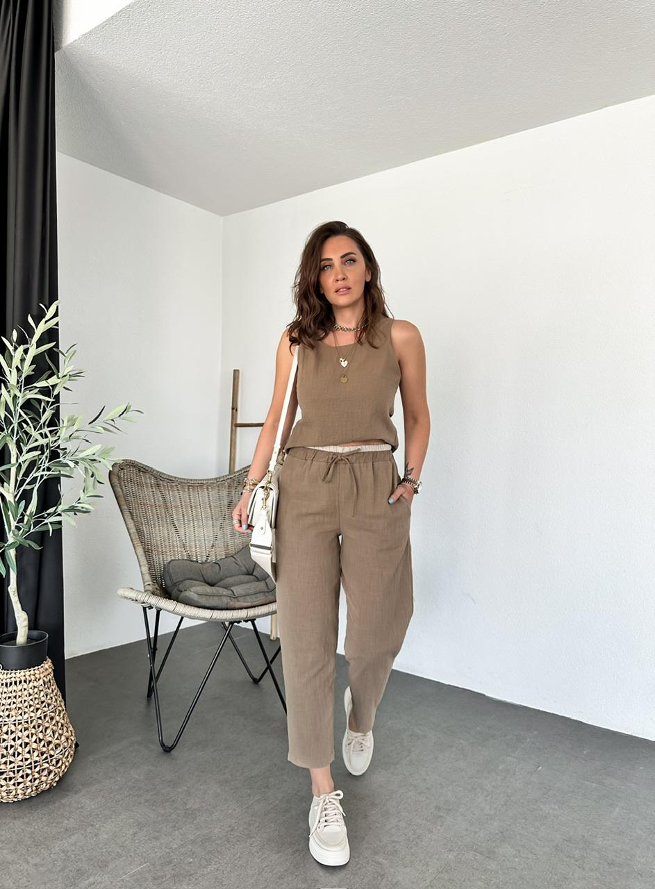 Kahve Naturel Bluz Pantolon Takım