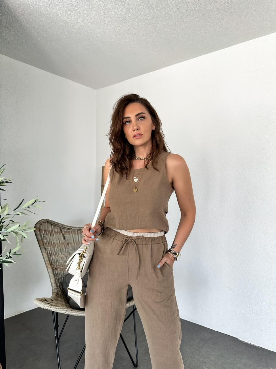 Kahve Naturel Bluz Pantolon Takım