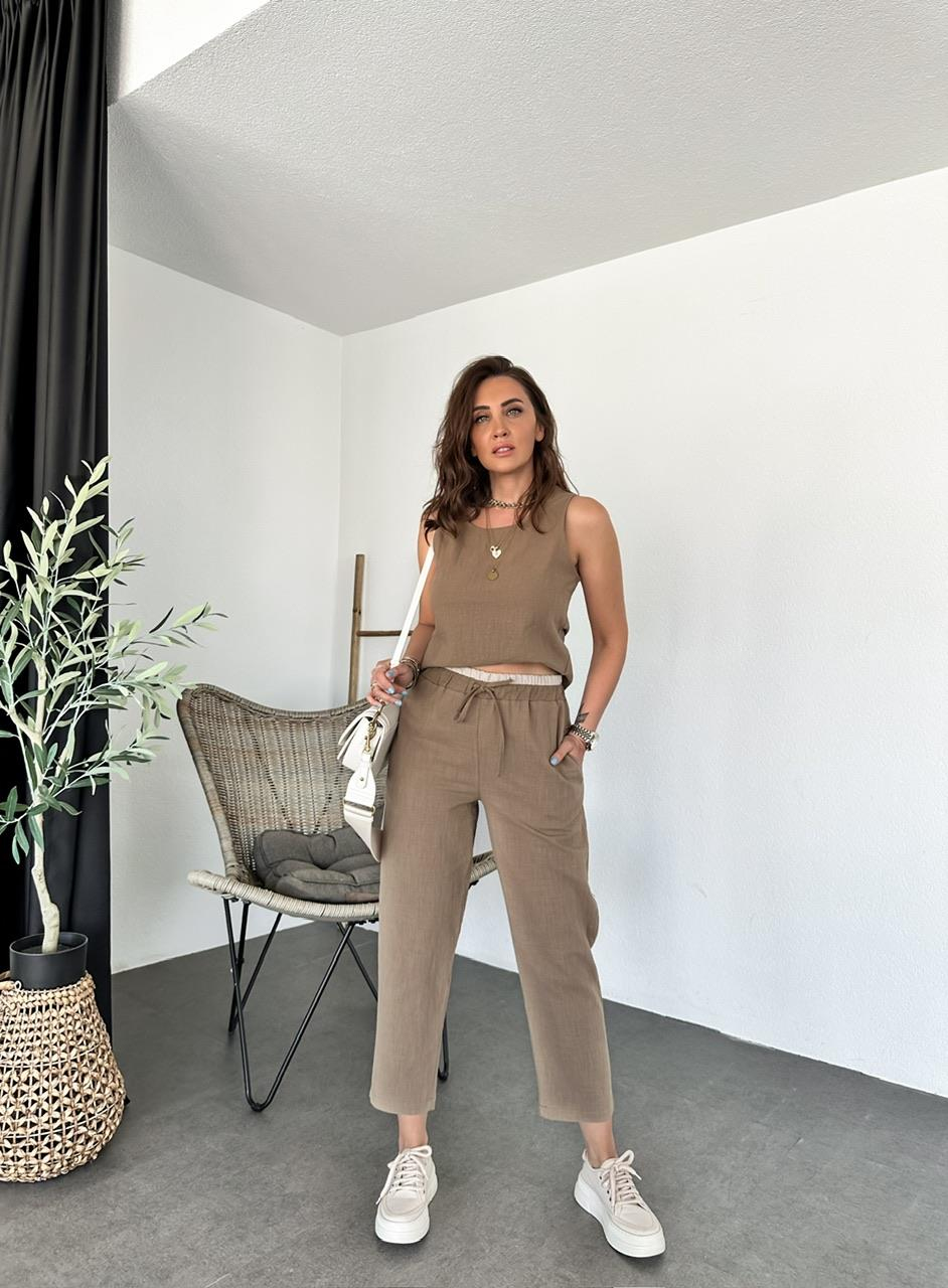 Kahve Naturel Bluz Pantolon Takım