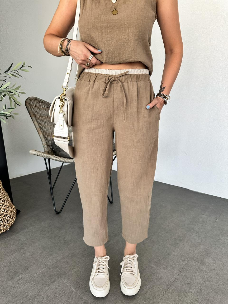 Kahve Naturel Bluz Pantolon Takım