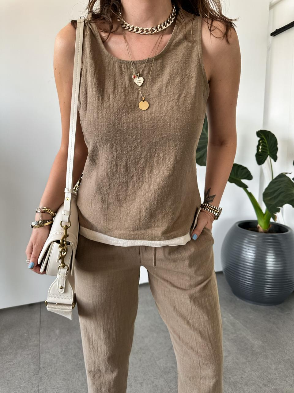 Kahve Naturel Bluz Pantolon Takım