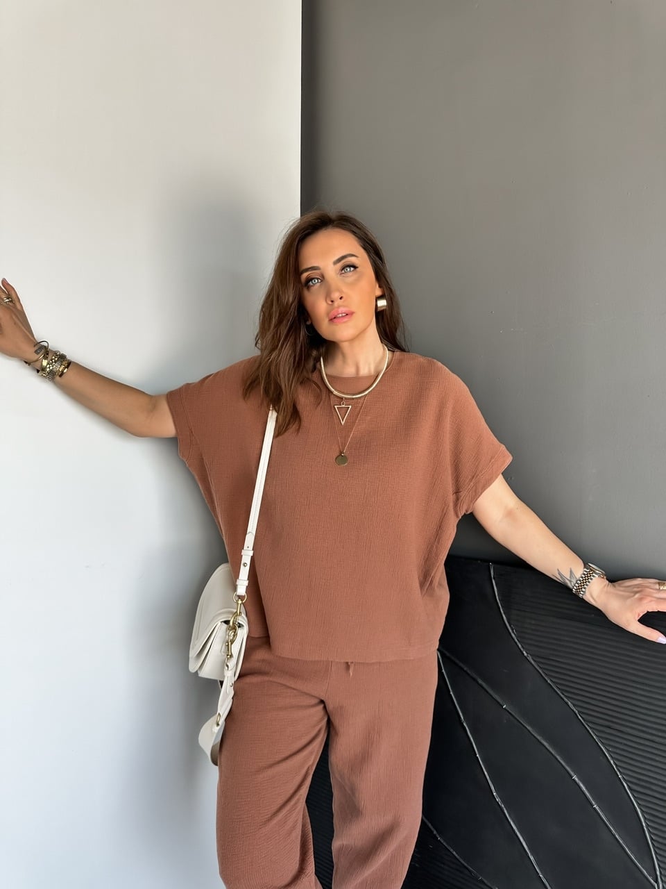 Kahve Naturel Keten Dokulu Takım