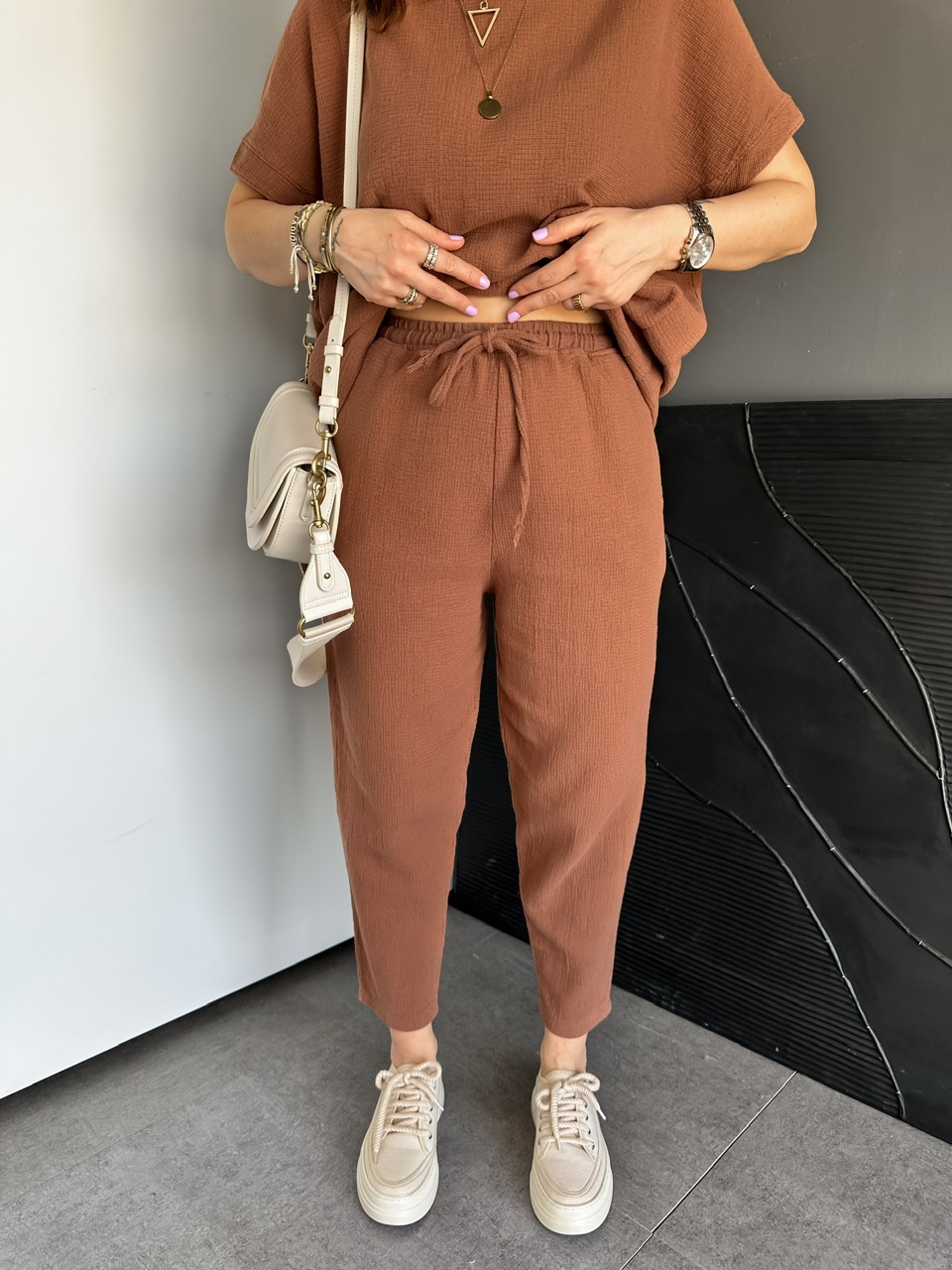 Kahve Naturel Keten Dokulu Takım