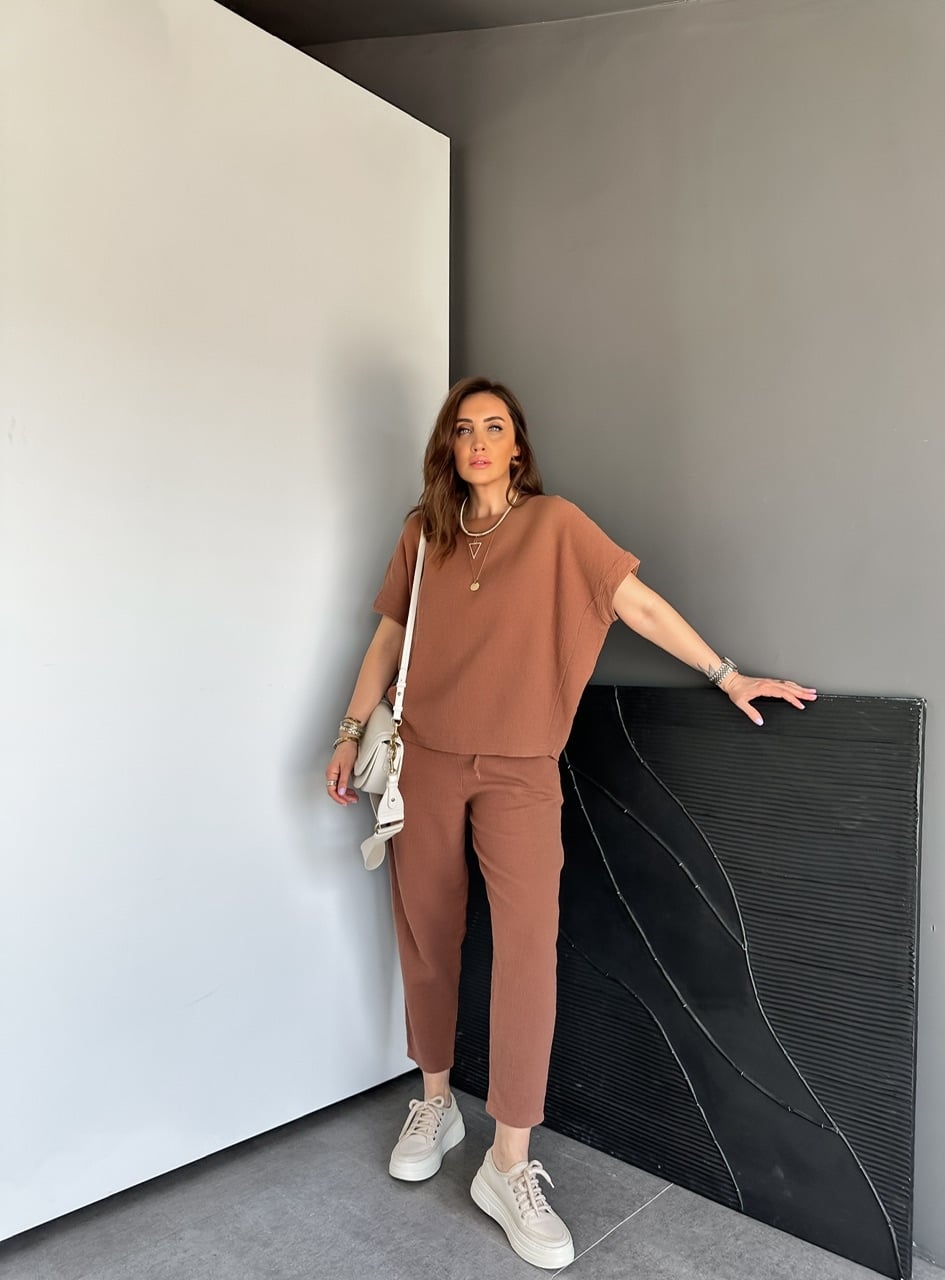 Kahve Naturel Keten Dokulu Takım