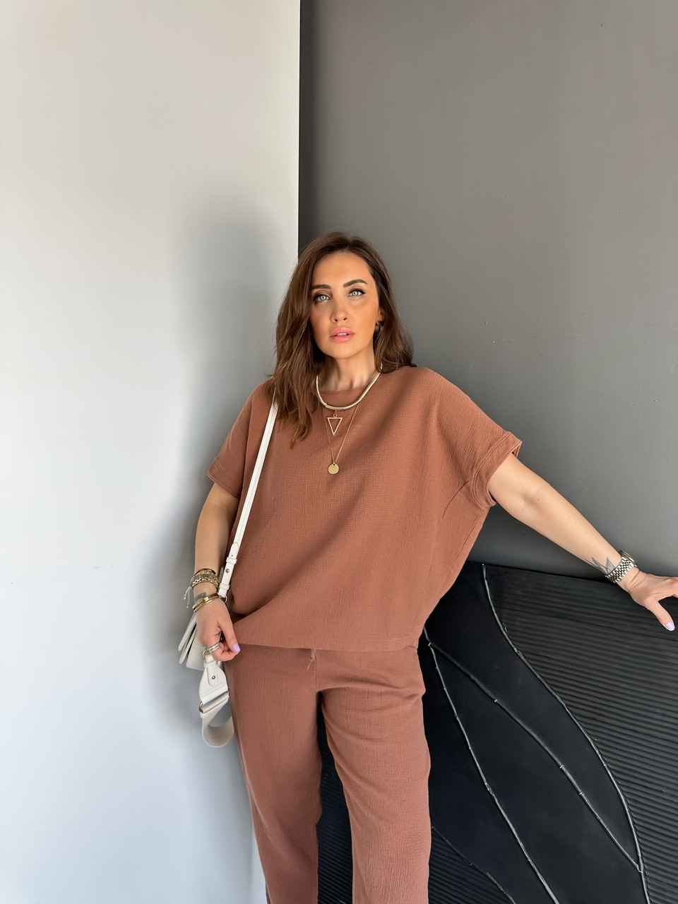 Kahve Naturel Keten Dokulu Takım
