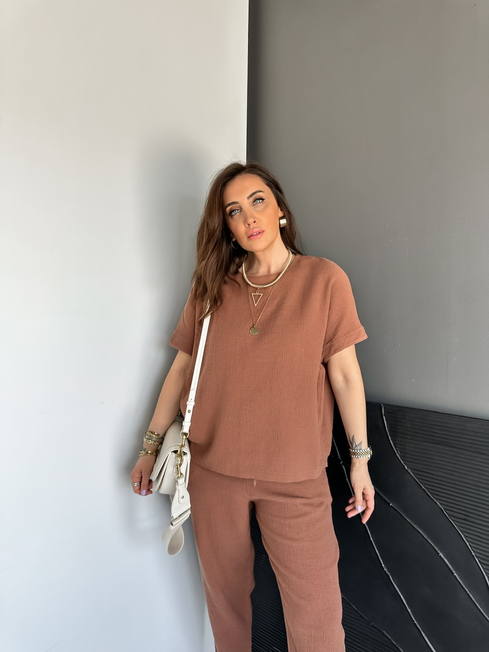 Kahve Naturel Keten Dokulu Takım