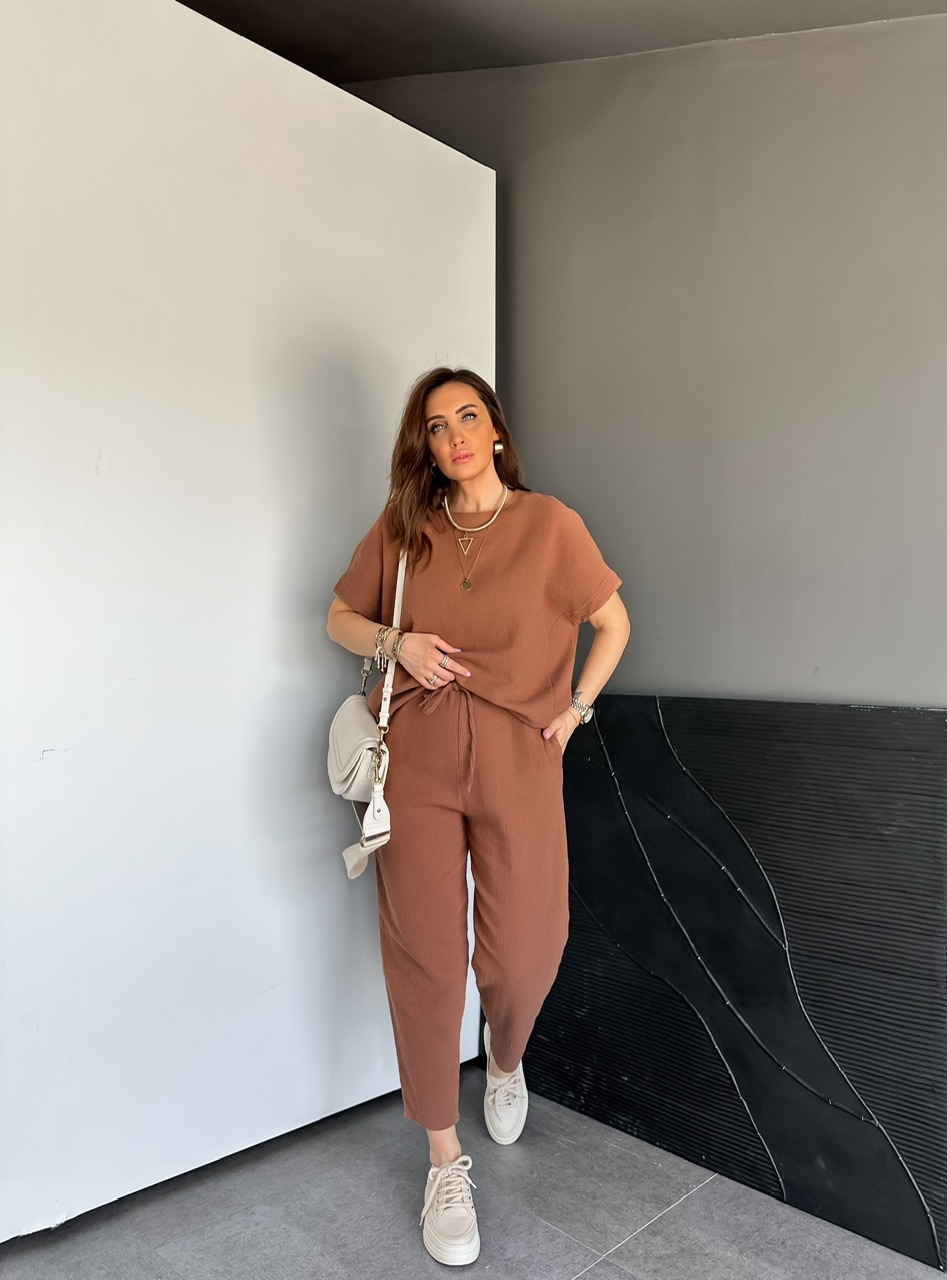 Kahve Naturel Keten Dokulu Takım