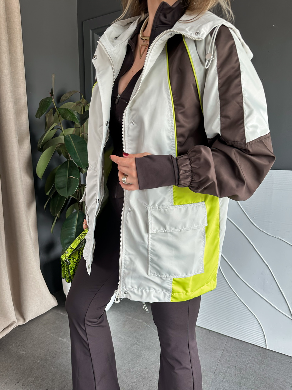 Kahve Neon Blok Renkli Trençkot