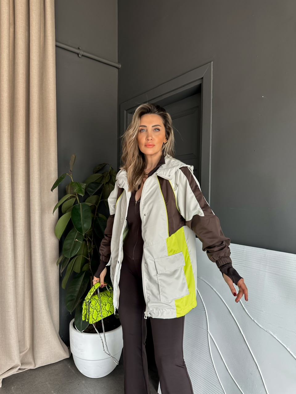 Kahve Neon Blok Renkli Trençkot