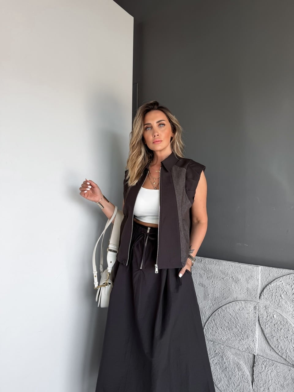 Kahve Omuz Tasarımlı Yelek Etek Takım