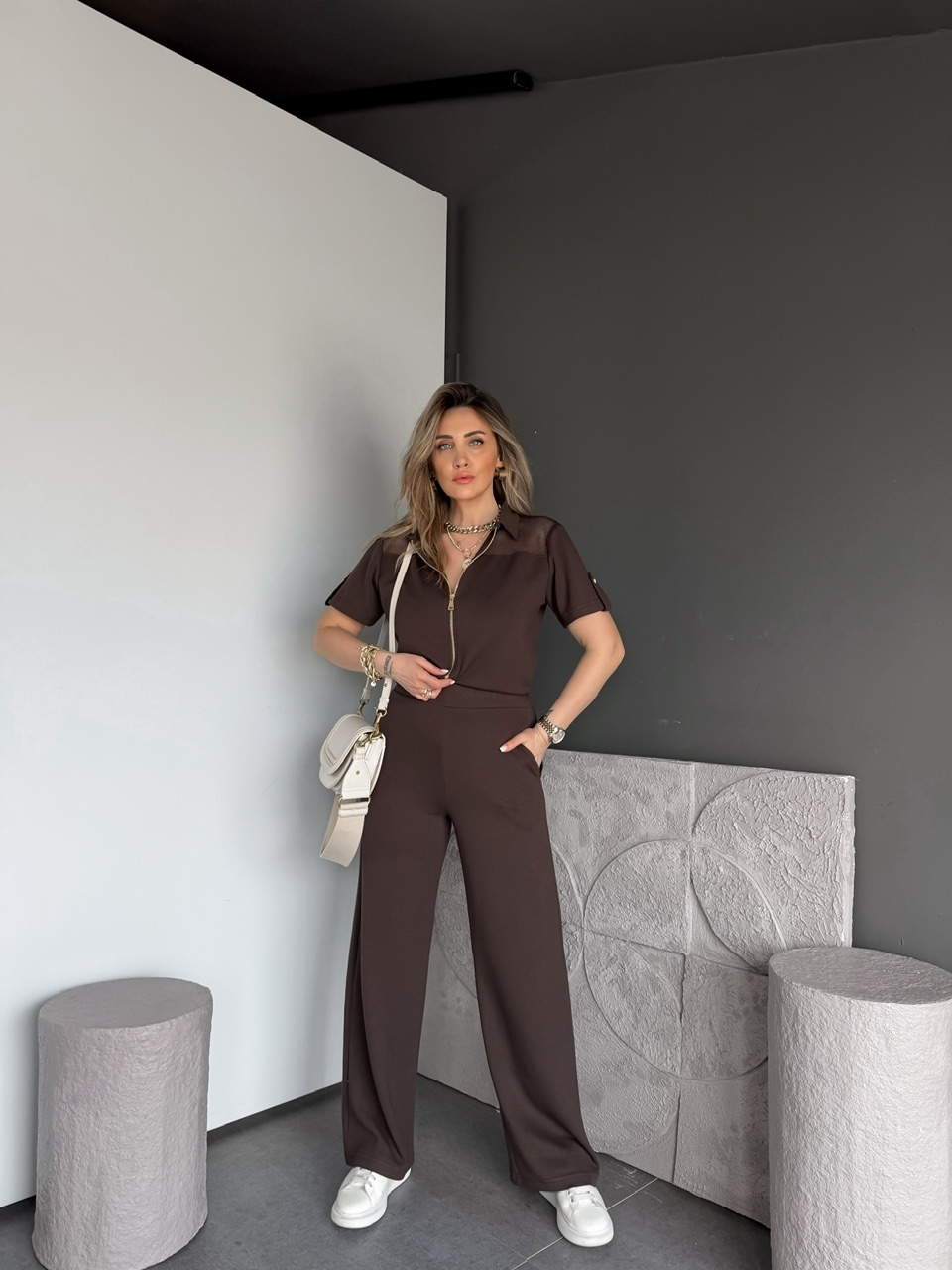 Kahve Omuzları Fileli Modal Takım